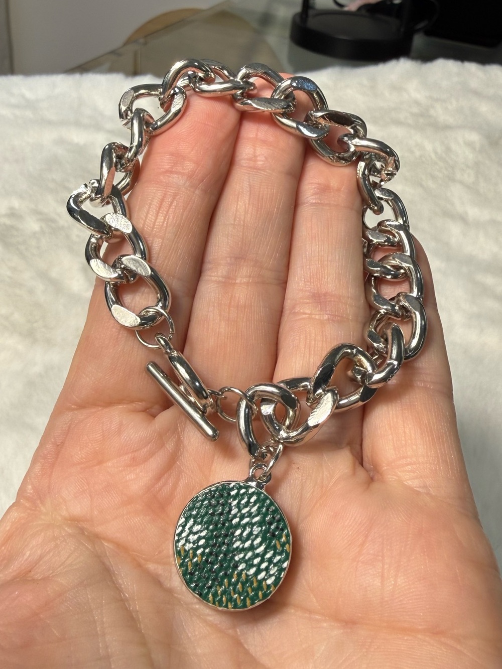 Goyard upcycled charm Silver Chain Bracelet with Green Textured